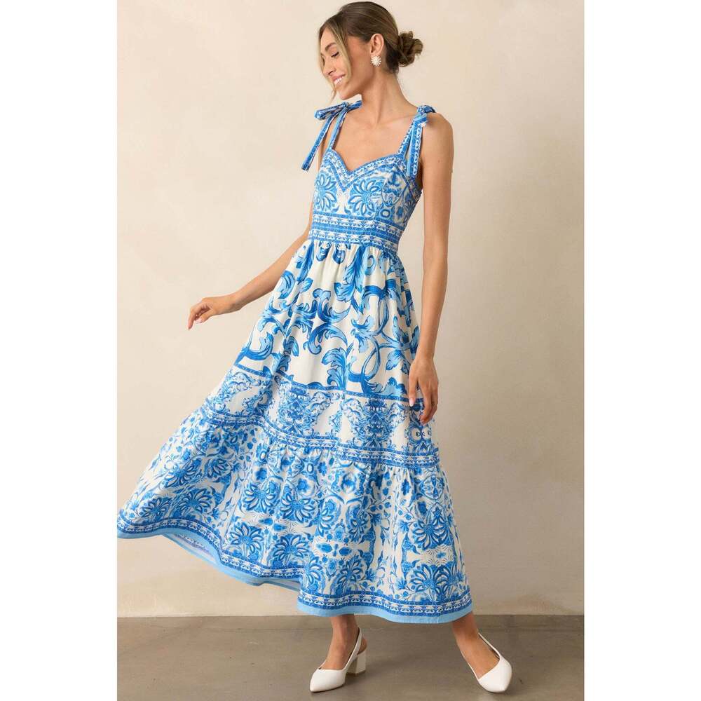 Red Dress Sunny Disposition Blue Cotton Sicilian Tile Midi Dress Size MM / Blue